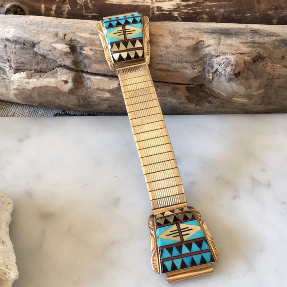 Vintage 14K Gold Native American Zuni Watch Tips Artist Signed Walley - Picture 3 of 11